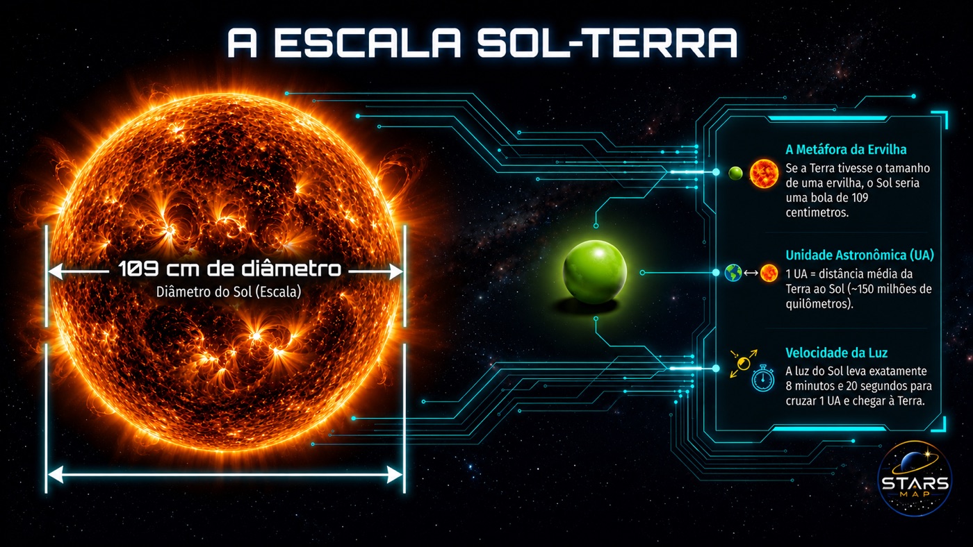 Página do atlas comparando a escala entre o Sol e a Terra